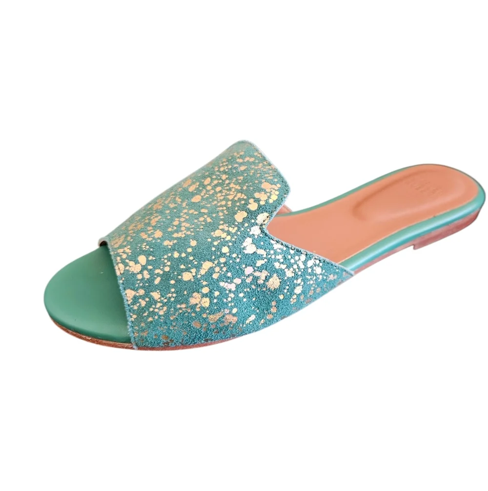 Jasper & Jeera Gilded Green Suede Leather Gold Splattered Slide Sandals Size 7